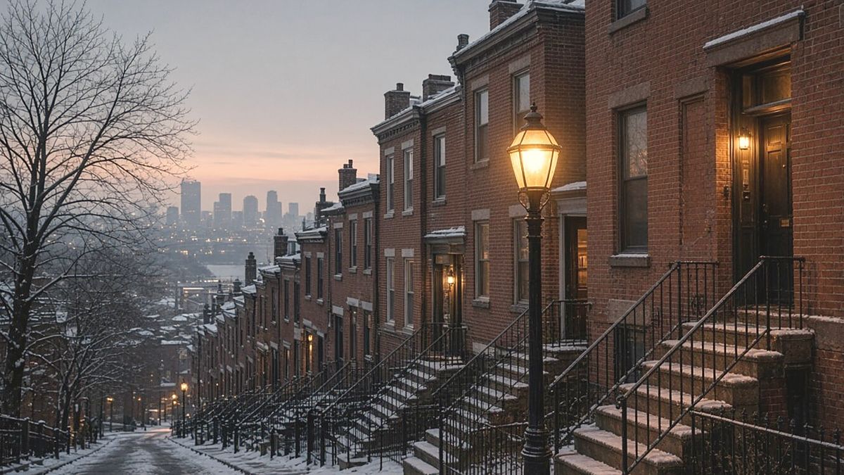 Pittsburgh brick row houses stepping down a hillside street at dusk