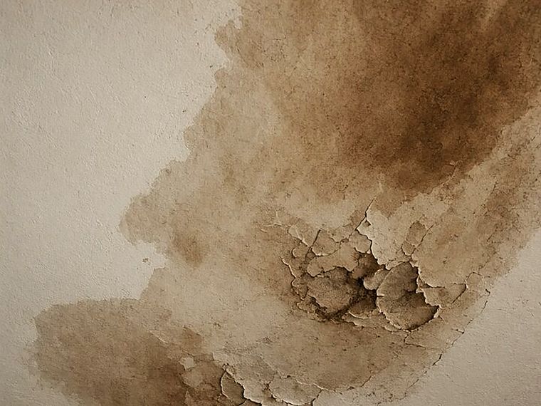 Brown water stain spreading across an old plaster ceiling