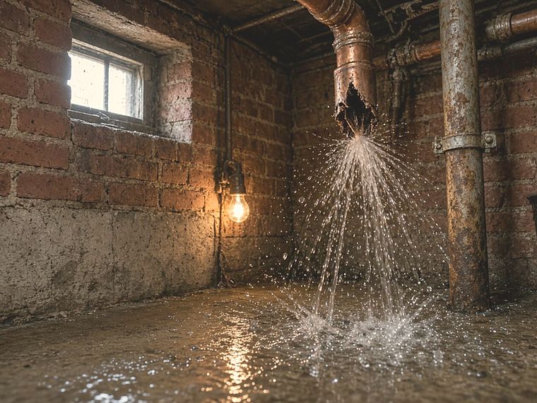 Water spraying from a failed pipe in a brick basement