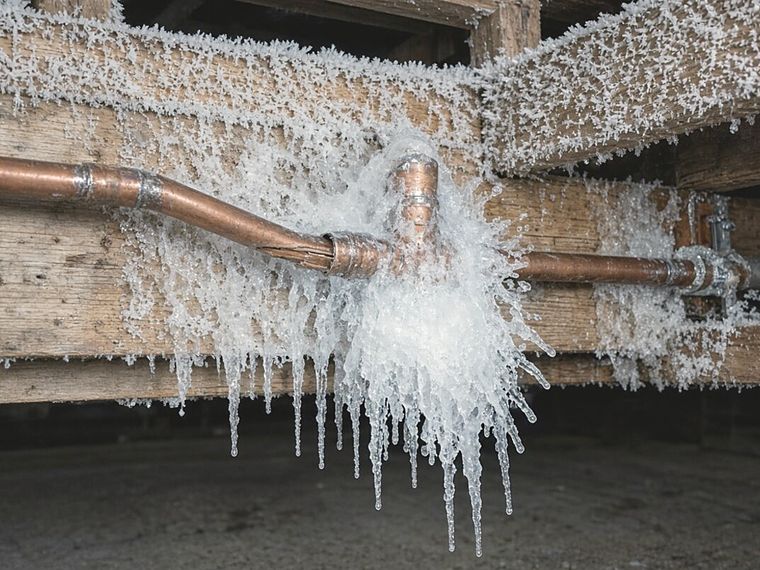 Frost-covered copper pipe with icicles hanging from a joist