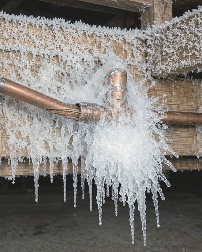 Copper pipe split open under a frosted rim joist with ice hanging from the fitting