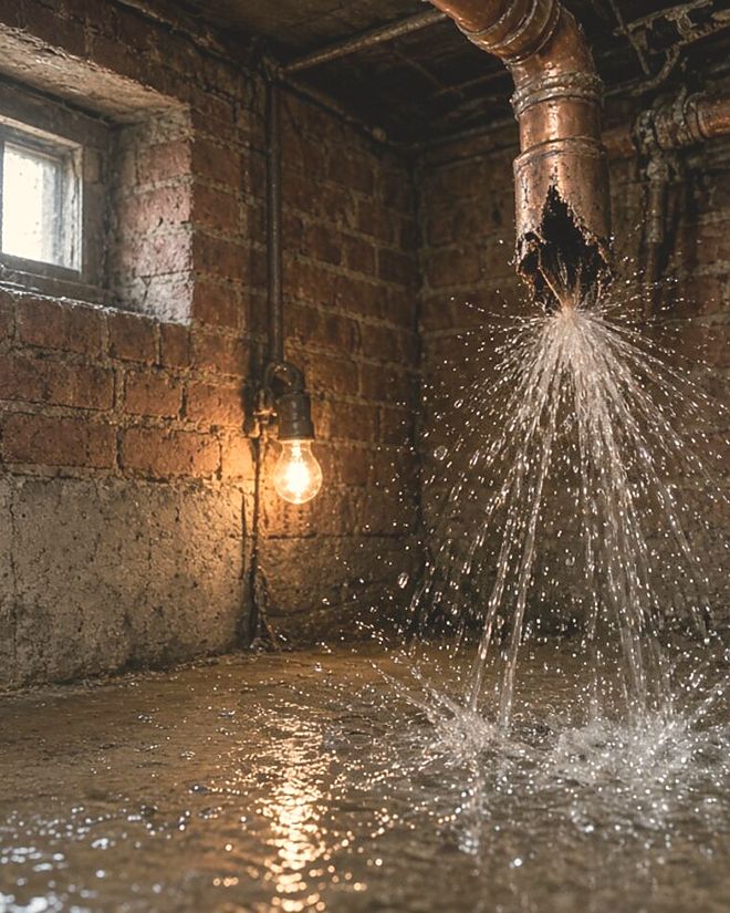 Emergency burst pipe spraying water in a brick Pittsburgh basement
