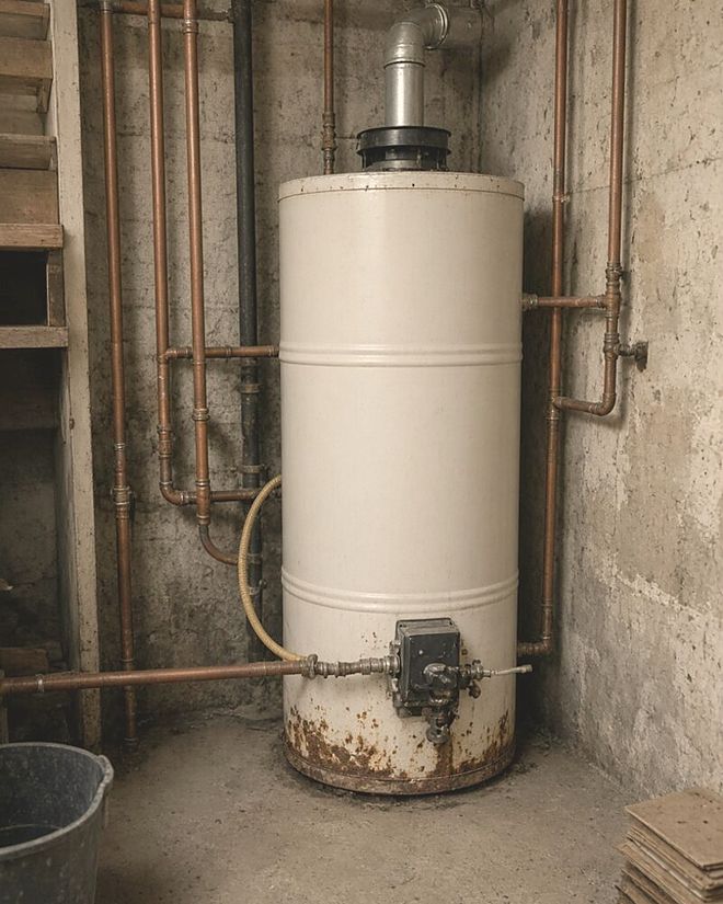 Aging white gas water heater with rusted base and copper piping in a Pittsburgh basement